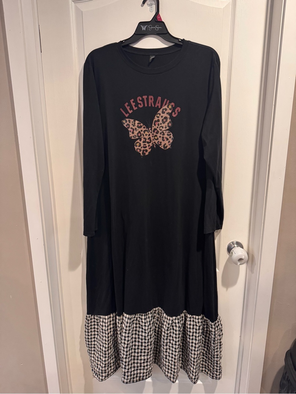SHEIN Black Long Sleeve Dress with Leopard Butterfly and Gingham Hem